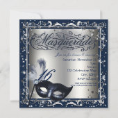 Masquerade Mask Silver & Royal Blue Birthday Party Einladung (Rückseite)