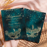 Masquerade Maske aquamarin vergoldeter Glitzer Swe Einladung<br><div class="desc">Ein modernes,  elegantes und glamouröses 16 . Geburtstag mit einem handgezeichneten vergoldeten Glitzer-Maskerade mit vergoldeten Glitzer-Diamanten-Glitzern auf einem dunklen aquamarinen Aquarellhintergrund.</div>