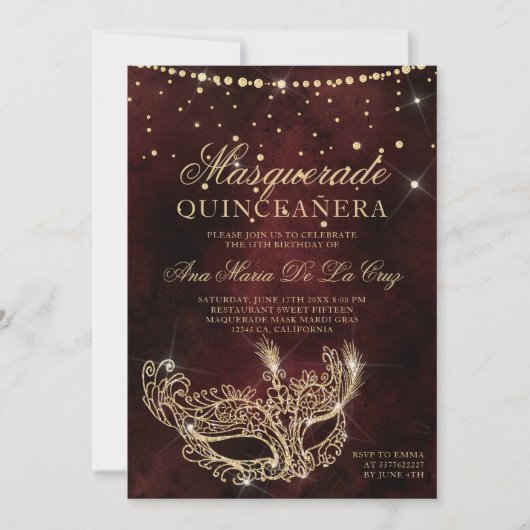 Masquerade Maske Chic Rot Gold Glitzer Quinceanera Einladung (Vorderseite)