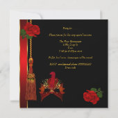 Masquerade Maske Elegante Schwarze Rote Rose Gold Einladung (Rückseite)