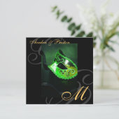 Masquerade Maske Green Swirl Hochzeit Einladung (Stehend Vorderseite)