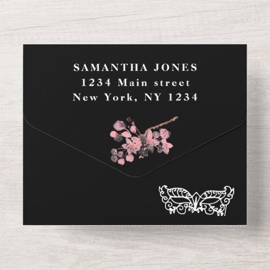 Masquerade Maske Kirry Blossom Pink Quinceanera All In One Einladung (Rückseite)