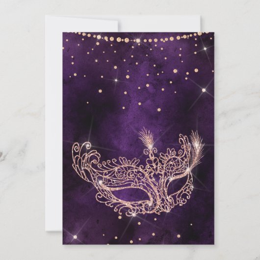 Masquerade Maske lila Rose Gold Glitzer Sweet 16 Einladung (Rückseite)