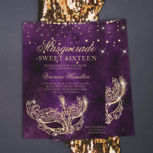 Masquerade Maske lila vergoldeter Glitzer Sweet 16 Einladung