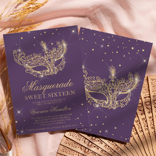Masquerade Maske lila vergoldeter Glitzer Sweet 16 Einladung