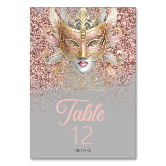 Masquerade Maske Motif Rose Gold ID1031 Tischnummer (Vorderseite)