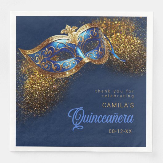 Masquerade Maske Quinceanera Blue Gold ID1031 Serviette (Vorderseite)