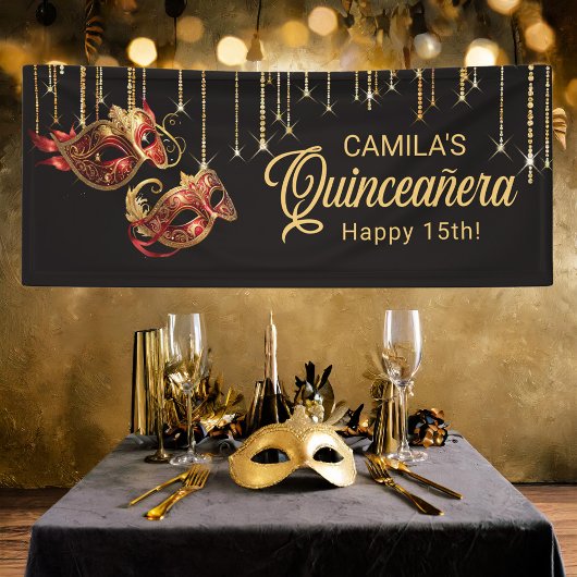 Masquerade Maske Quinceañera Red Gold ID1031 Banner