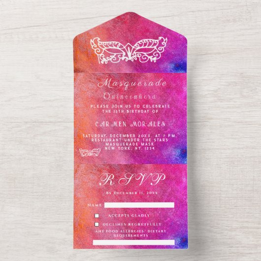 Masquerade Maske Rosa Glitzer Abstrakt Quinceanera All In One Einladung (Innen Boden)