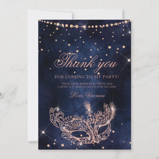 Masquerade Maske Rose Gold Glitzer funkeln schick Dankeskarte (Vorderseite)