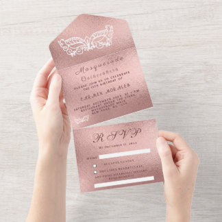 Masquerade Maske Rose Gold Rosa Glitzer Quinceaner All In One Einladung