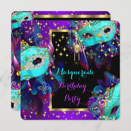 Masquerade Masked Aquamarin Blue Lila Birthday Par Einladung (Vorne/Hinten)
