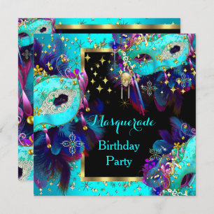 Masquerade Masked Aquamarin Blue Pink Birthday Par Einladung