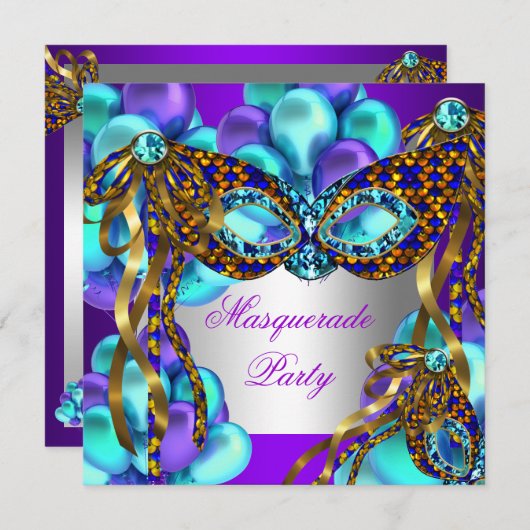 Masquerade Masken Lila Aquamarin Blue Birthday Par Einladung (Vorne/Hinten)