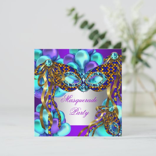 Masquerade Masken Lila Aquamarin Blue Birthday Par Einladung (Stehend Vorderseite)