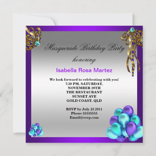 Masquerade Masken Lila Aquamarin Blue Birthday Par Einladung (Rückseite)