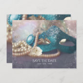 Masquerade Masken & Perlen Regenbogen Save the Dat Ankündigungspostkarte (Vorne/Hinten)