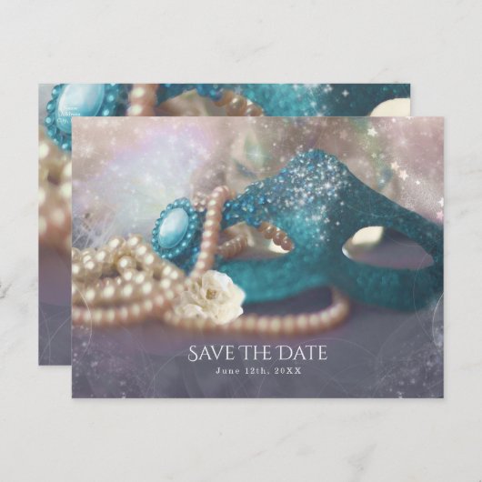 Masquerade Masken & Perlen Regenbogen Save the Dat Ankündigungspostkarte (Vorne/Hinten)