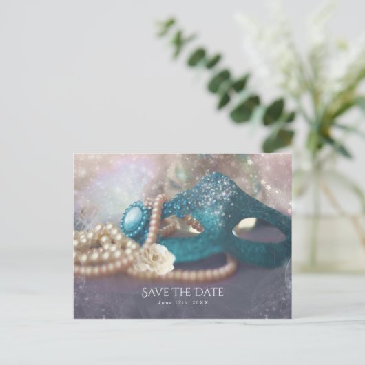 Masquerade Masken & Perlen Regenbogen Save the Dat Ankündigungspostkarte (Stehend Vorderseite)