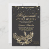 Masquerade Maskerbe Grau Gold Glitzer Sweet 16 Einladung (Vorderseite)
