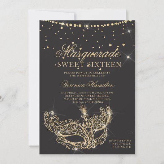 Masquerade Maskerbe Grau Gold Glitzer Sweet 16 Einladung (Vorderseite)