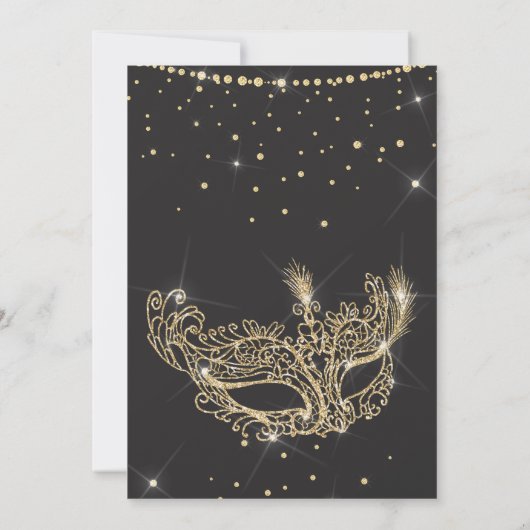 Masquerade Maskerbe Grau Gold Glitzer Sweet 16 Einladung (Rückseite)