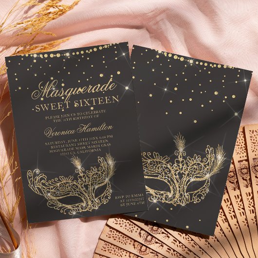 Masquerade Maskerbe Grau Gold Glitzer Sweet 16 Einladung