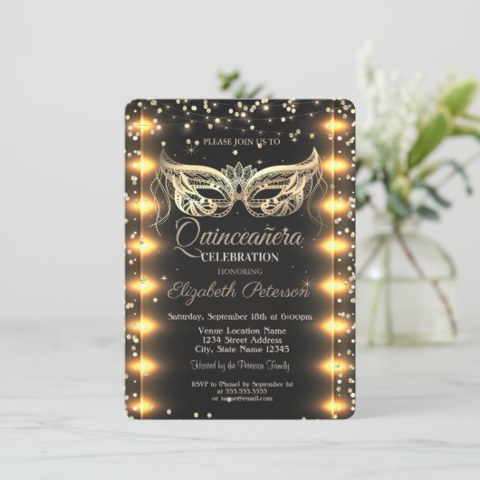 Masquerade, Masque, Diamanten, Lichter Quinceañera Einladung (Stehend Vorderseite)