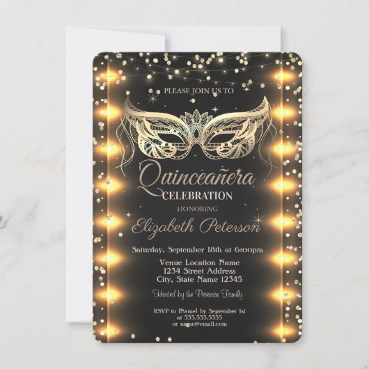Masquerade, Masque, Diamanten, Lichter Quinceañera Einladung (Vorderseite)