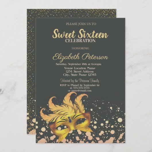 Masquerade, Masque, Dots, Confetti Süß 16 Einladung (Vorne/Hinten)