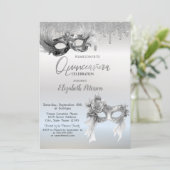 Masquerade Masque Glitter Drips Silver Quinceanera Einladung (Stehend Vorderseite)