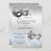 Masquerade Masque Glitter Drips Silver Quinceanera Einladung (Vorne/Hinten)