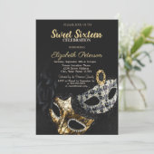 Masquerade, Masque, Schwarz, Confetti Sweet 16 Einladung (Stehend Vorderseite)