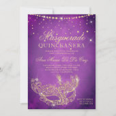 Masquerade Masquerade lilac gold Glitzer quinceane Einladung (Vorderseite)