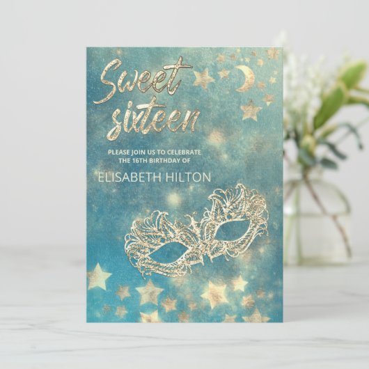 Masquerade Mond & Stars Kalligraphie 16 . Geburtst Einladung (Stehend Vorderseite)