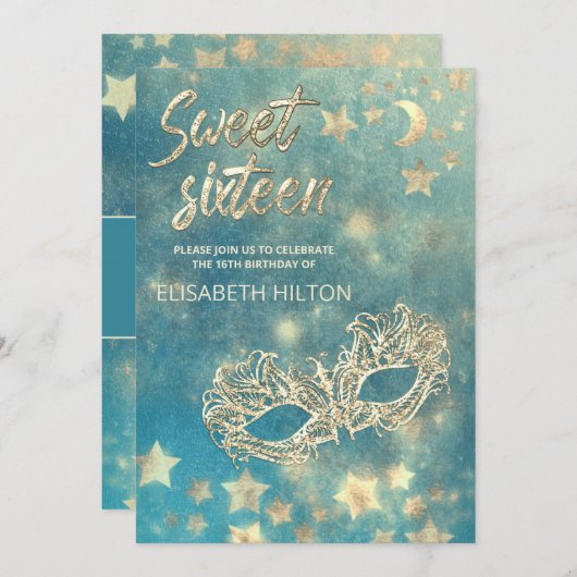 Masquerade Mond & Stars Kalligraphie 16 . Geburtst Einladung (Vorne/Hinten)