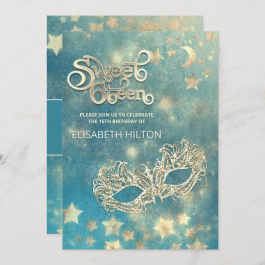 Masquerade Mond & Stars Kalligraphie 16 . Geburtst Einladung (Vorne/Hinten)