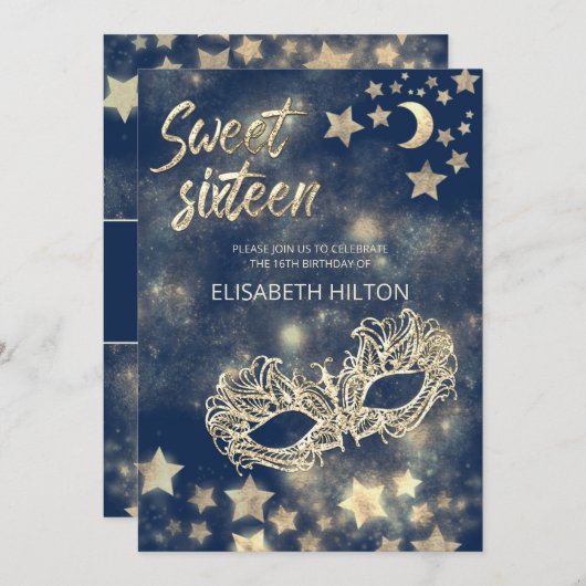 Masquerade Mond & Stars Kalligraphie 16 . Geburtst Einladung (Vorne/Hinten)