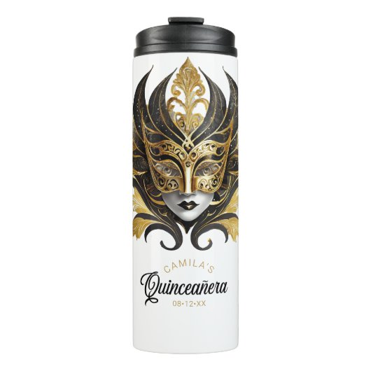 Masquerade Motif Quinceanera Black Gold ID1031 Thermosbecher (Vorderseite)