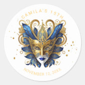 Masquerade Motif Quinceanera Blue Gold ID1031 Runder Aufkleber (Vorderseite)