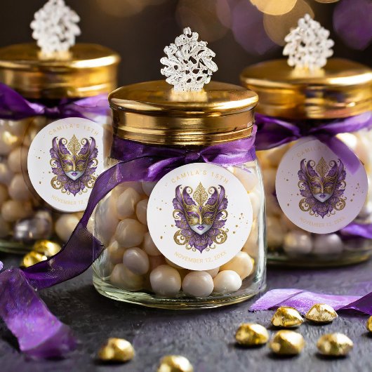 Masquerade Motif Quinceanera Lila Gold ID1031 Runder Aufkleber