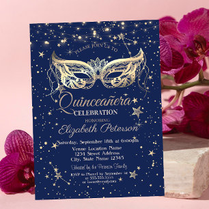 Masquerade, Navy Blue Stars Quinceañera Einladung