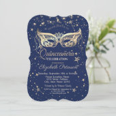 Masquerade, Navy Blue Stars Quinceañera Einladung (Stehend Vorderseite)