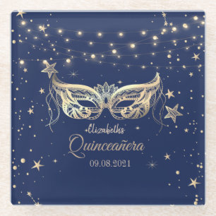 Masquerade, Navy Blue Stars Quinceañera Glasuntersetzer