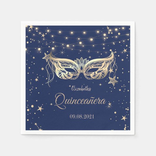 Masquerade, Navy Blue Stars Quinceañera Serviette (Vorderseite)
