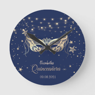 Masquerade, Navy Blue Sterne Quinceañera Runde Wanduhr