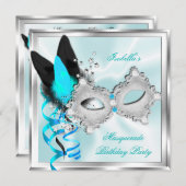 Masquerade Party Aquamarine Silberschwarze Maske Einladung (Vorne/Hinten)