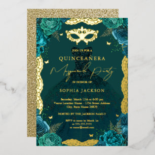 Masquerade Party Aquamarines Blumenkleid Quinceane Folieneinladung