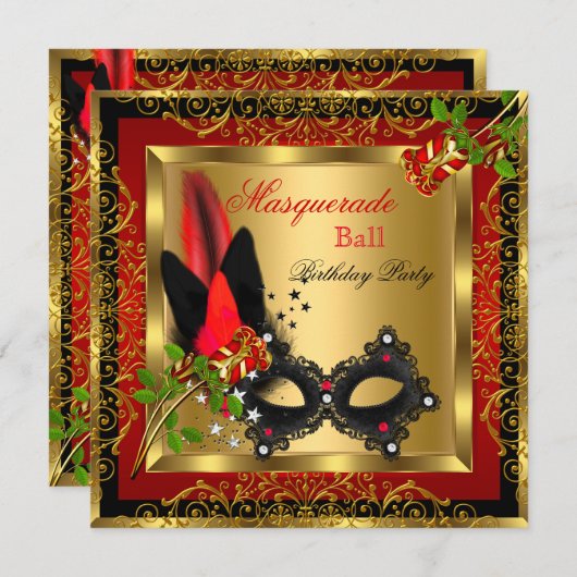 Masquerade Party Ball Gold Red Black Mask Rose Einladung (Vorne/Hinten)