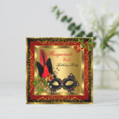 Masquerade Party Ball Gold Red Black Mask Rose Einladung (Stehend Vorderseite)